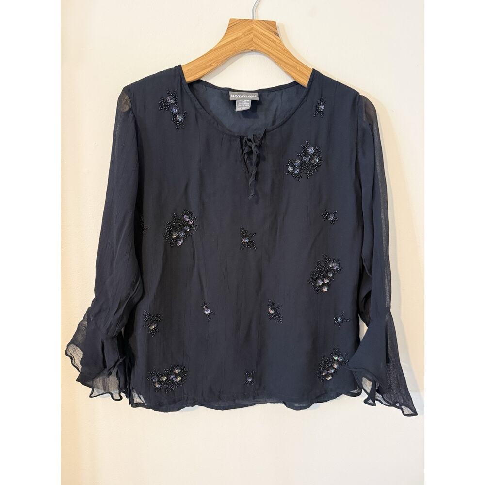 Vintage Black Sheer Frilly Sequin Crepe Blouse Top Whimsy Goth Fairy MED